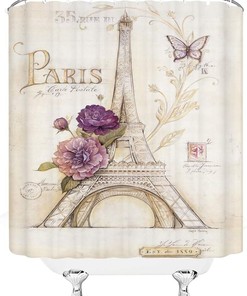 Romantic Eiffel Tower Shower Curtain With Butterfly And Purple Flower Design