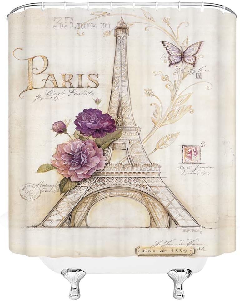 Romantic Eiffel Tower Shower Curtain With Butterfly And Purple Flower Design
