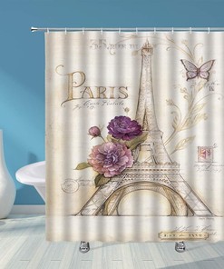 Romantic Eiffel Tower Shower Curtain With Butterfly And Purple Flower Design
