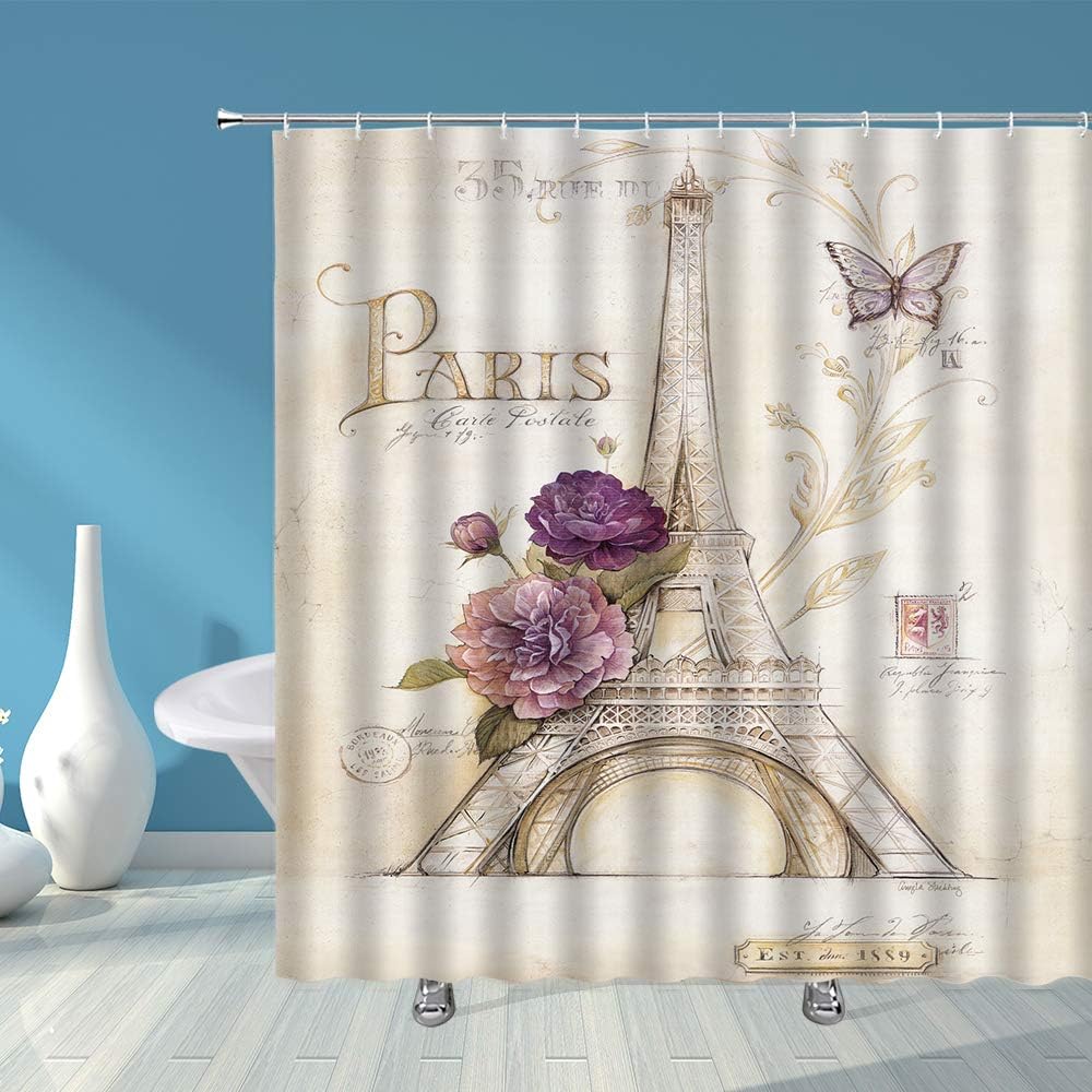 Romantic Eiffel Tower Shower Curtain With Butterfly And Purple Flower Design