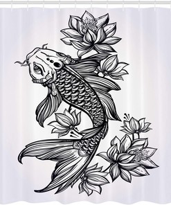 Romantic Fish Carp with Flowers Harmony Wisdom Shower Curtain, Cloth Fabric Bathroom Decor in Hand Drawn Detailed Art