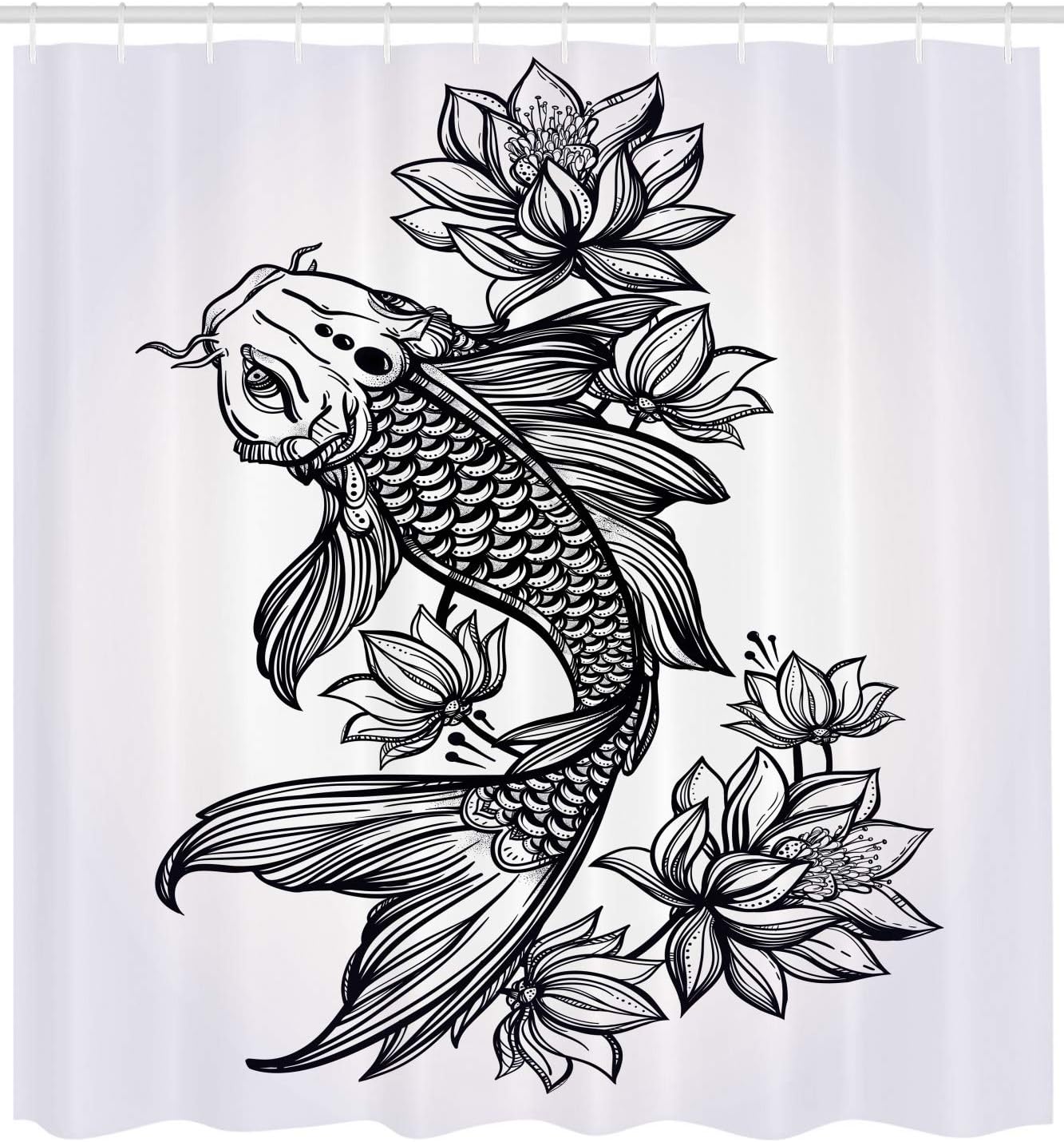 Romantic Fish Carp with Flowers Harmony Wisdom Shower Curtain, Cloth Fabric Bathroom Decor in Hand Drawn Detailed Art