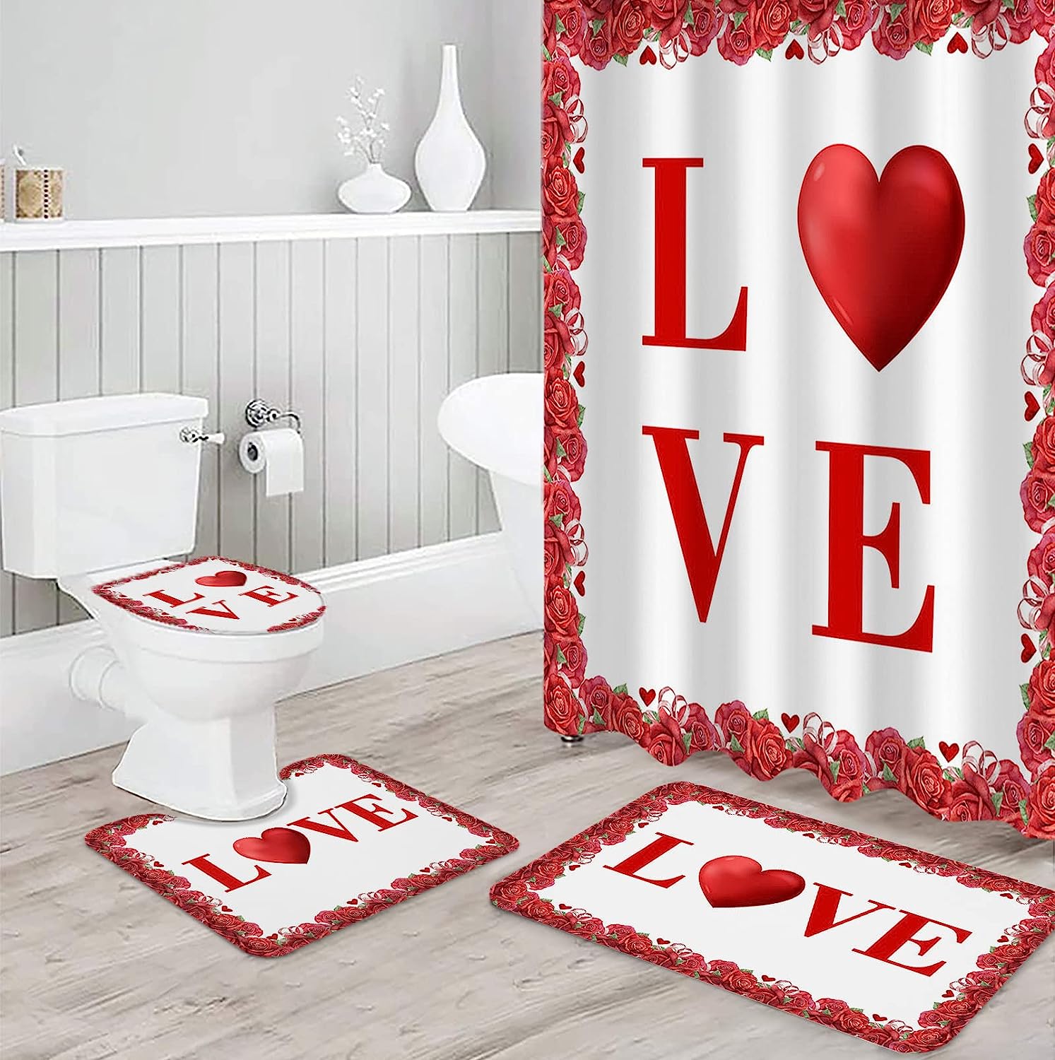 Romantic Flowers Roses Shower Curtain | Valentine's Day Red Love Heart Bathroom Decor