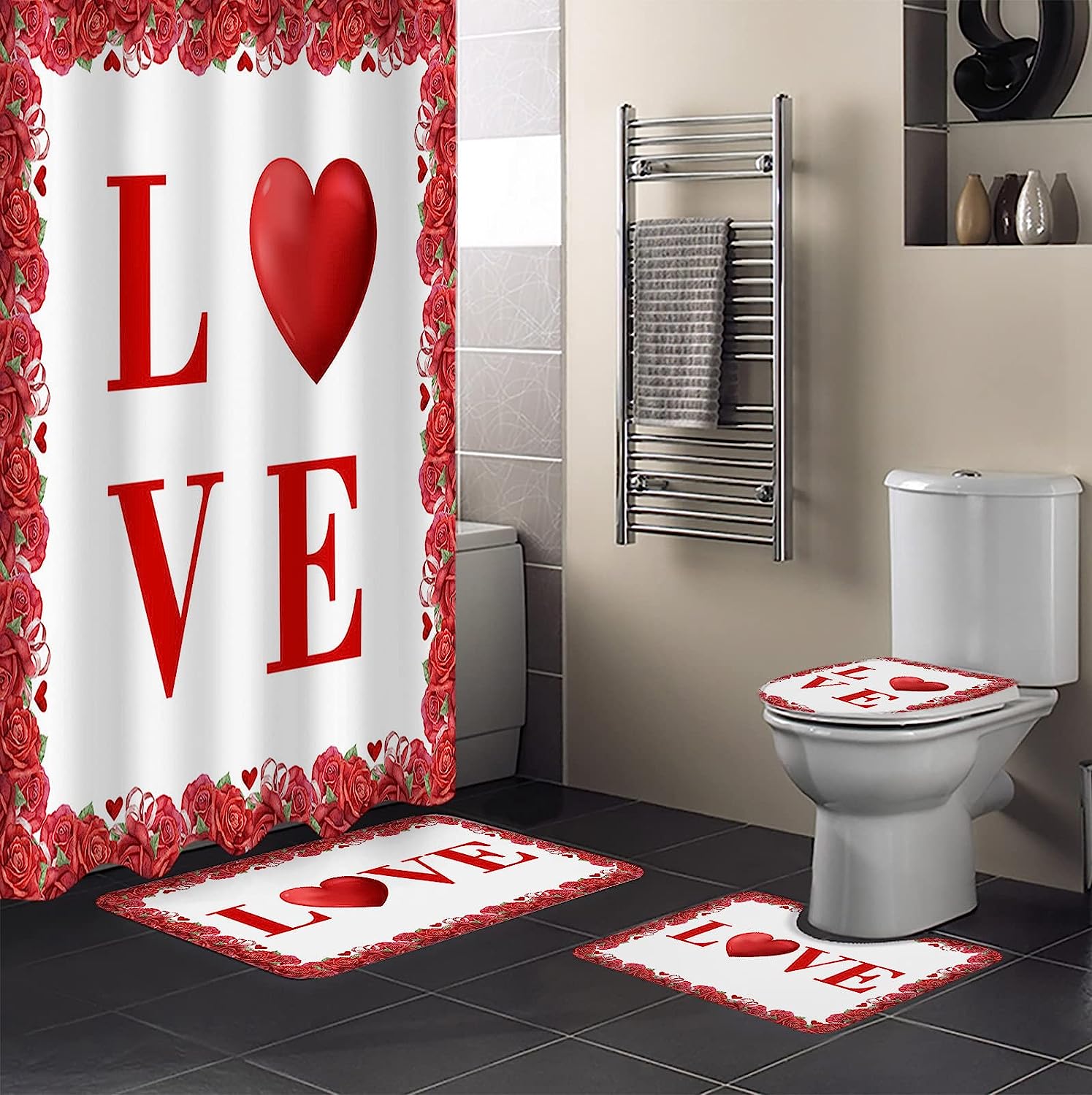Romantic Flowers Roses Shower Curtain | Valentine's Day Red Love Heart Bathroom Decor