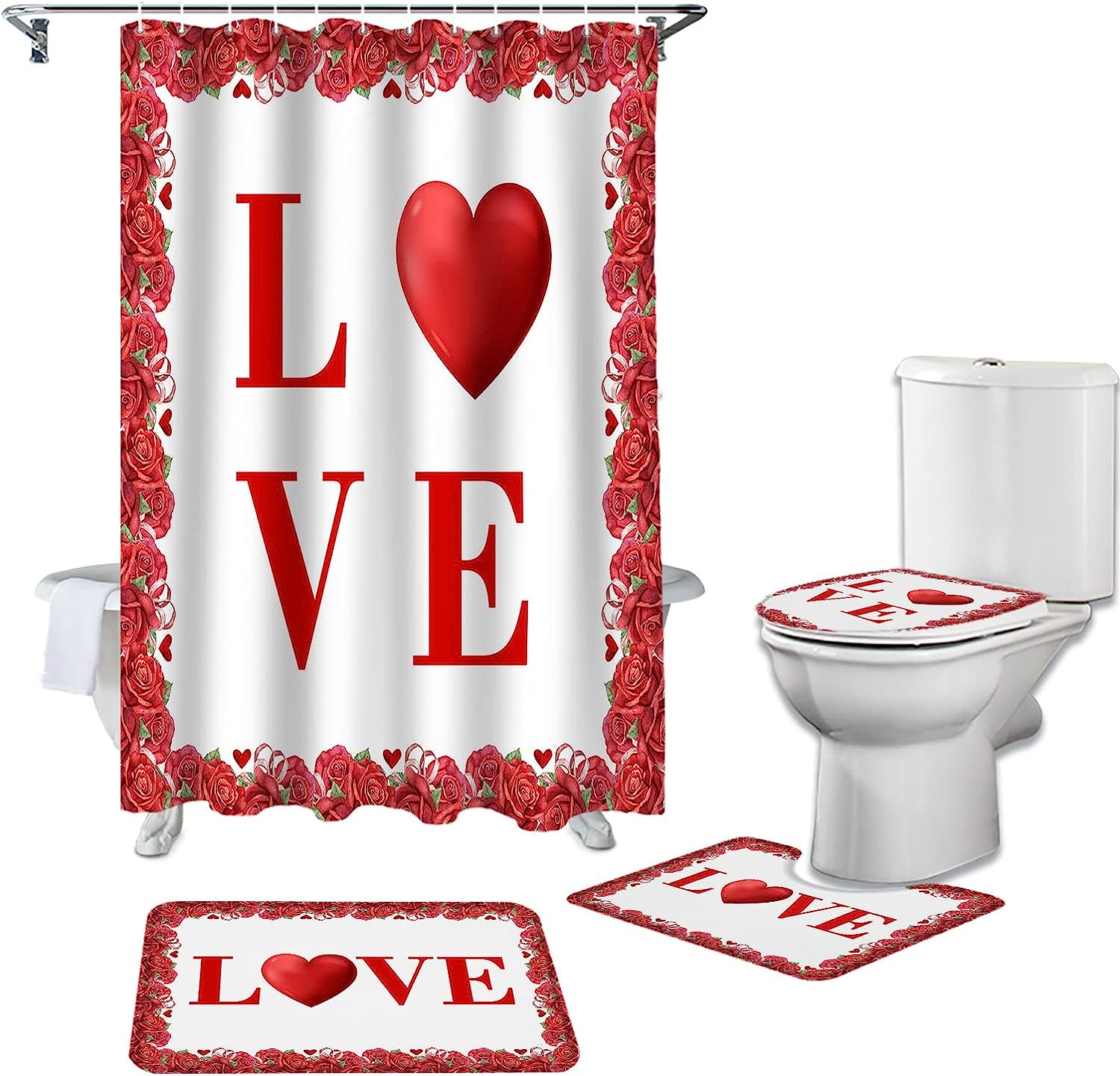 Romantic Flowers Roses Shower Curtain | Valentine's Day Red Love Heart Bathroom Decor