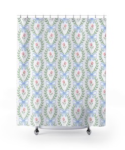 Romantic French Floral Shower Curtain In Blue, White, And Pink For A Delicate And Alluring Bathroom Decor