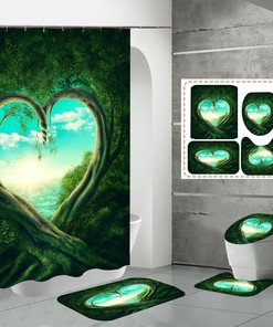 Romantic Green Heart Tree Waterproof Bathroom Shower Curtain Mat With Non-Slip Bottom, Nature Print 
