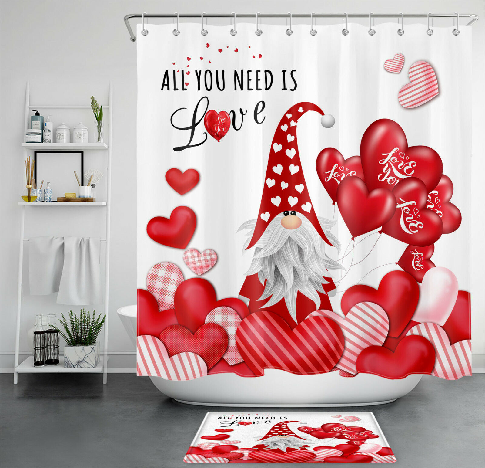 Romantic Heart Balloons Gnome Shower Curtain for Valentine's Day