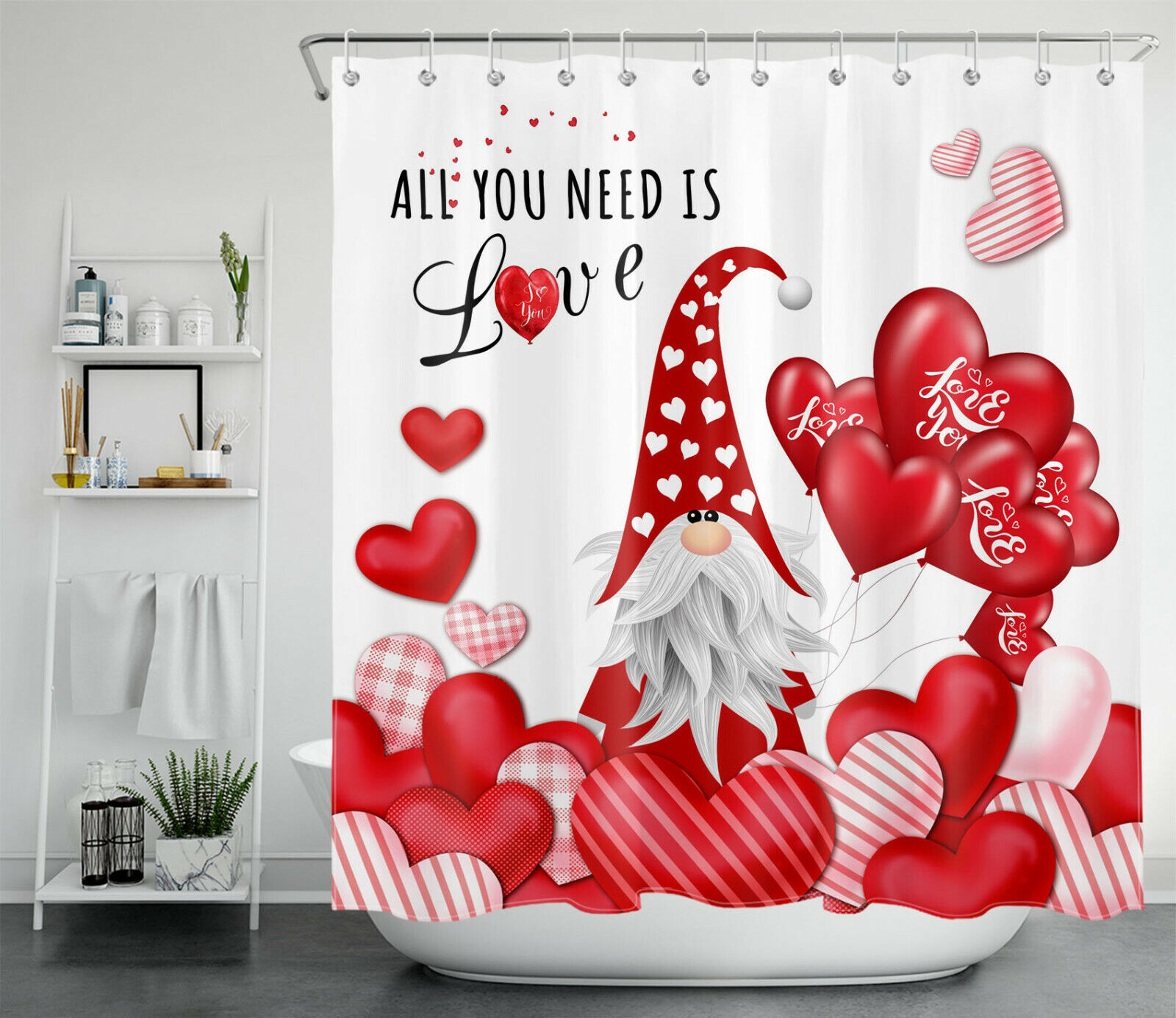 Romantic Heart Balloons Gnome Shower Curtain for Valentine's Day