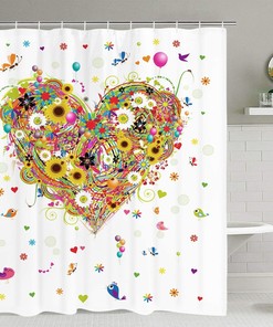 Romantic Heart Shaped Flower Balloon Butterfly Shower Curtain for Valentine's Day
