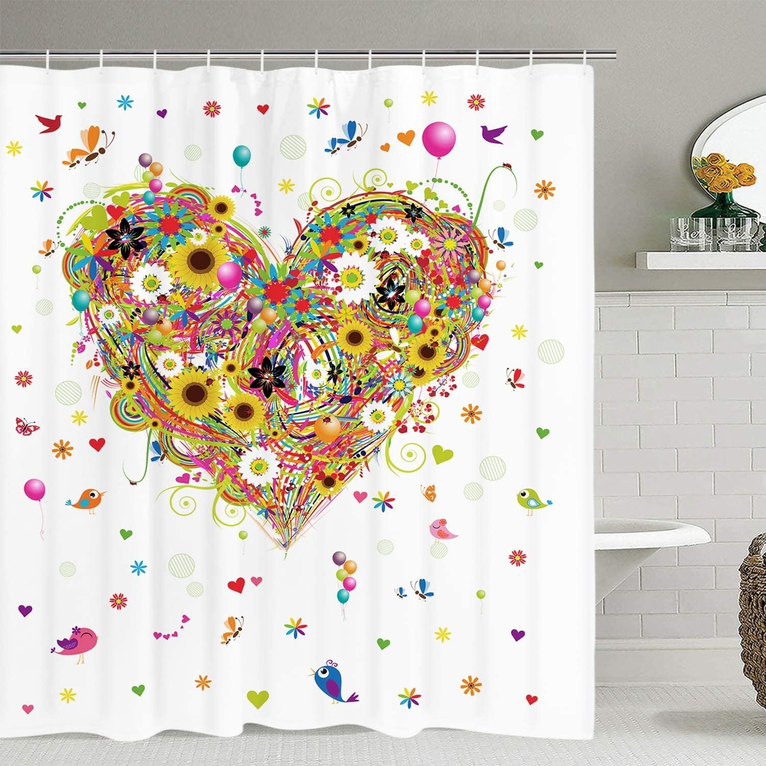 Romantic Heart Shaped Flower Balloon Butterfly Shower Curtain for Valentine's Day