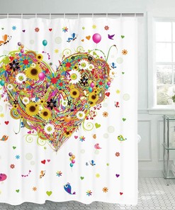 Romantic Heart Shaped Flower Balloon Butterfly Shower Curtain for Valentine's Day