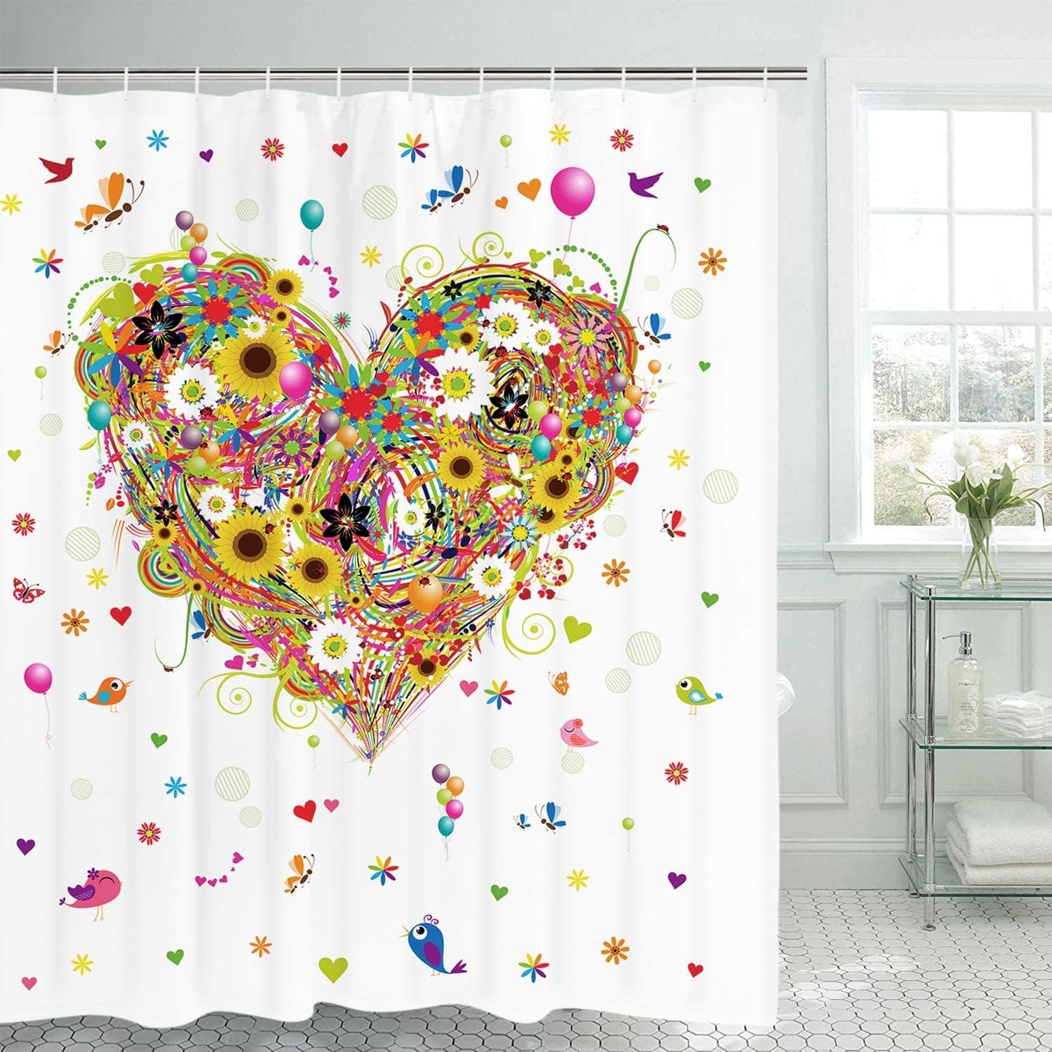 Romantic Heart Shaped Flower Balloon Butterfly Shower Curtain for Valentine's Day