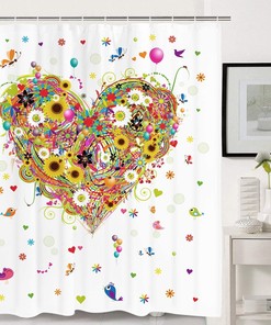 Romantic Heart Shaped Flower Balloon Butterfly Shower Curtain for Valentine's Day