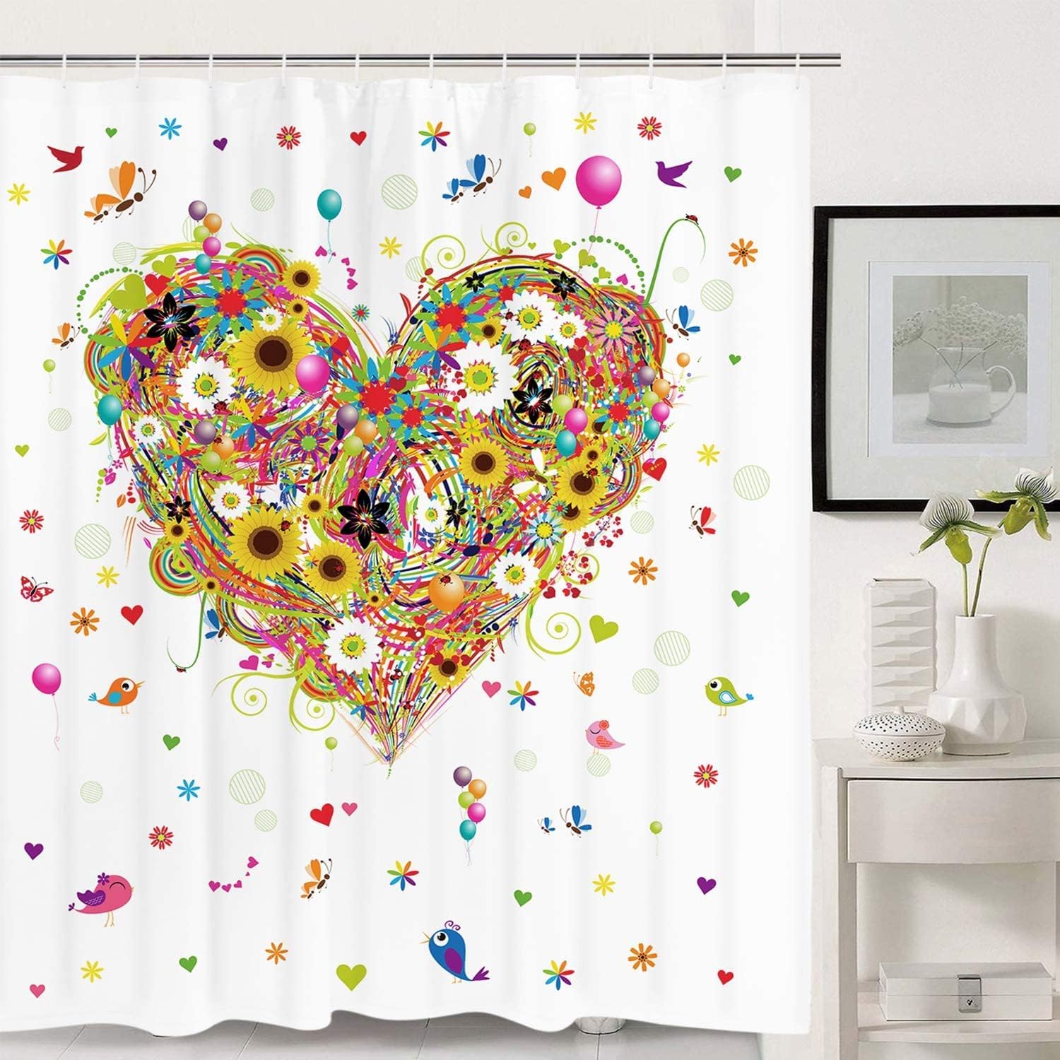Romantic Heart Shaped Flower Balloon Butterfly Shower Curtain for Valentine's Day