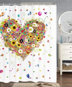 Romantic Heart Shaped Flower Balloon Butterfly Shower Curtain for Valentine's Day