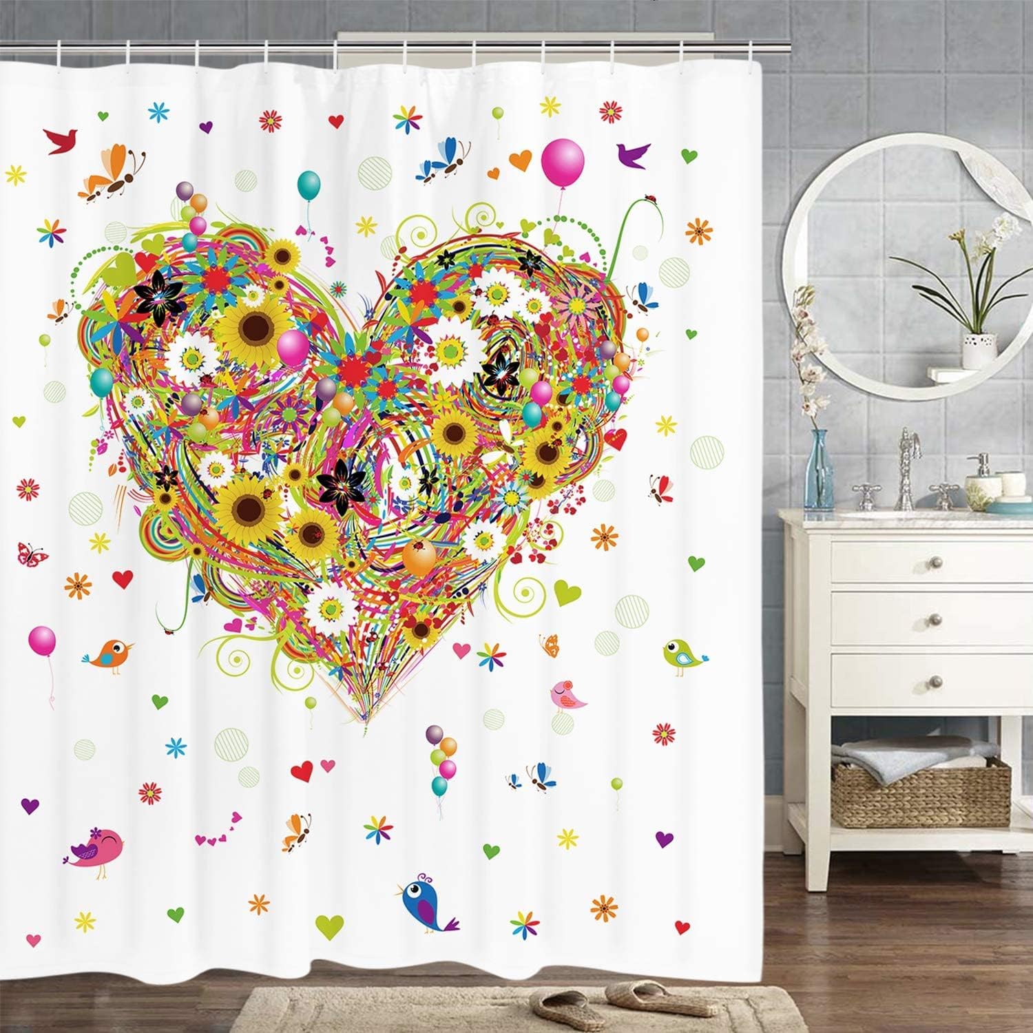Romantic Heart Shaped Flower Balloon Butterfly Shower Curtain for Valentine's Day