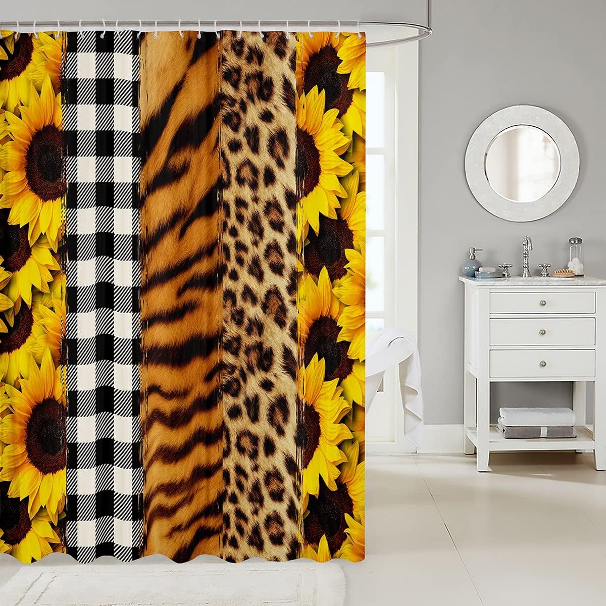 Romantic Leopard Print Shower Curtain, Floral Bathroom Decor