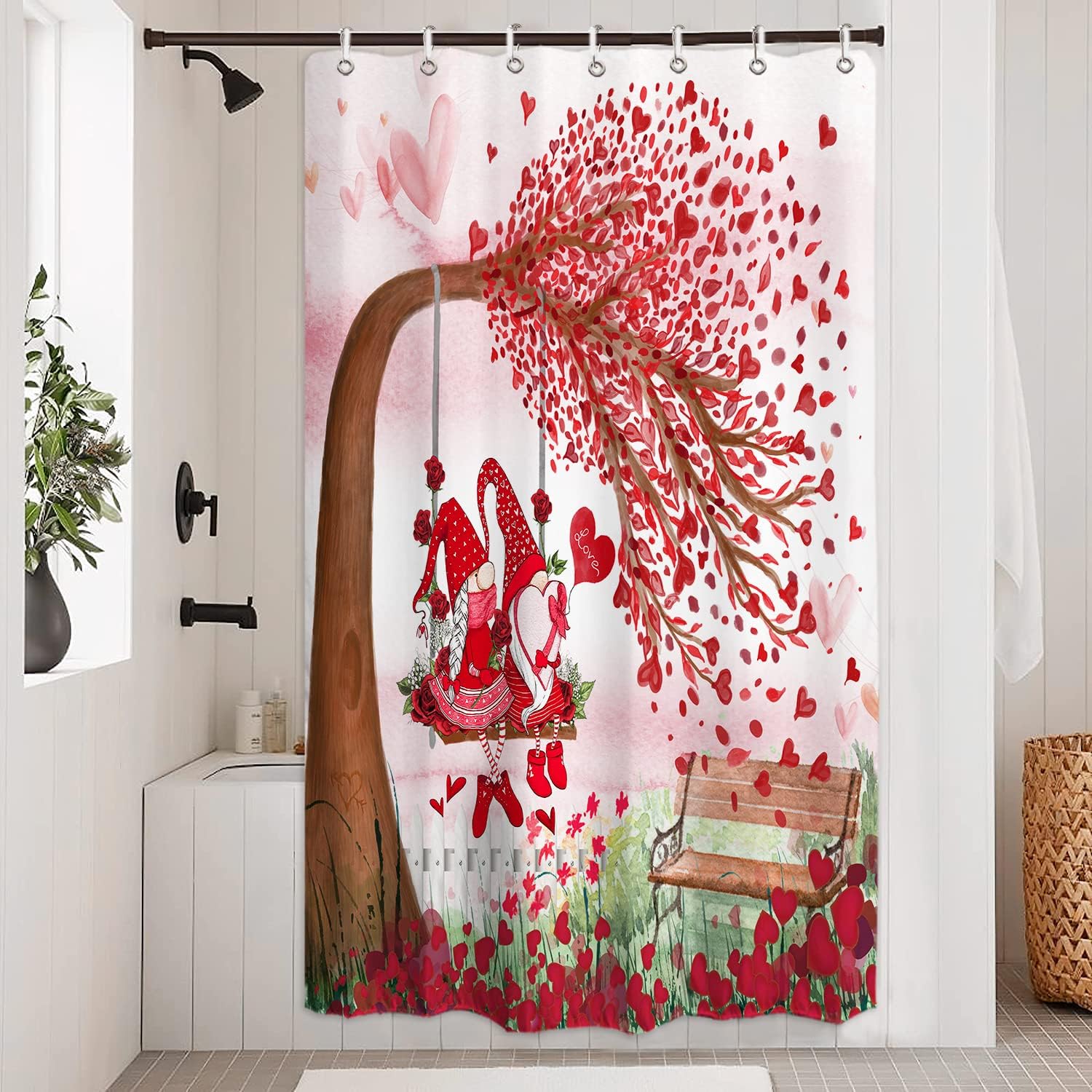 Romantic Love Heart Valentine'S Day Shower Curtain With Gnomes