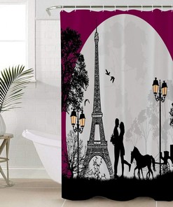 Romantic Lovers Carriage And Eiffel Tower Shower Curtain, Perfect Size For Your Bathroom Decor