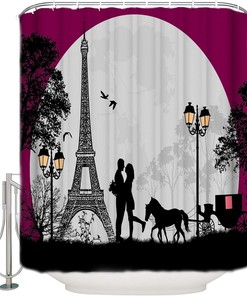 Romantic Lovers Carriage And Eiffel Tower Shower Curtain, Perfect Size For Your Bathroom Decor