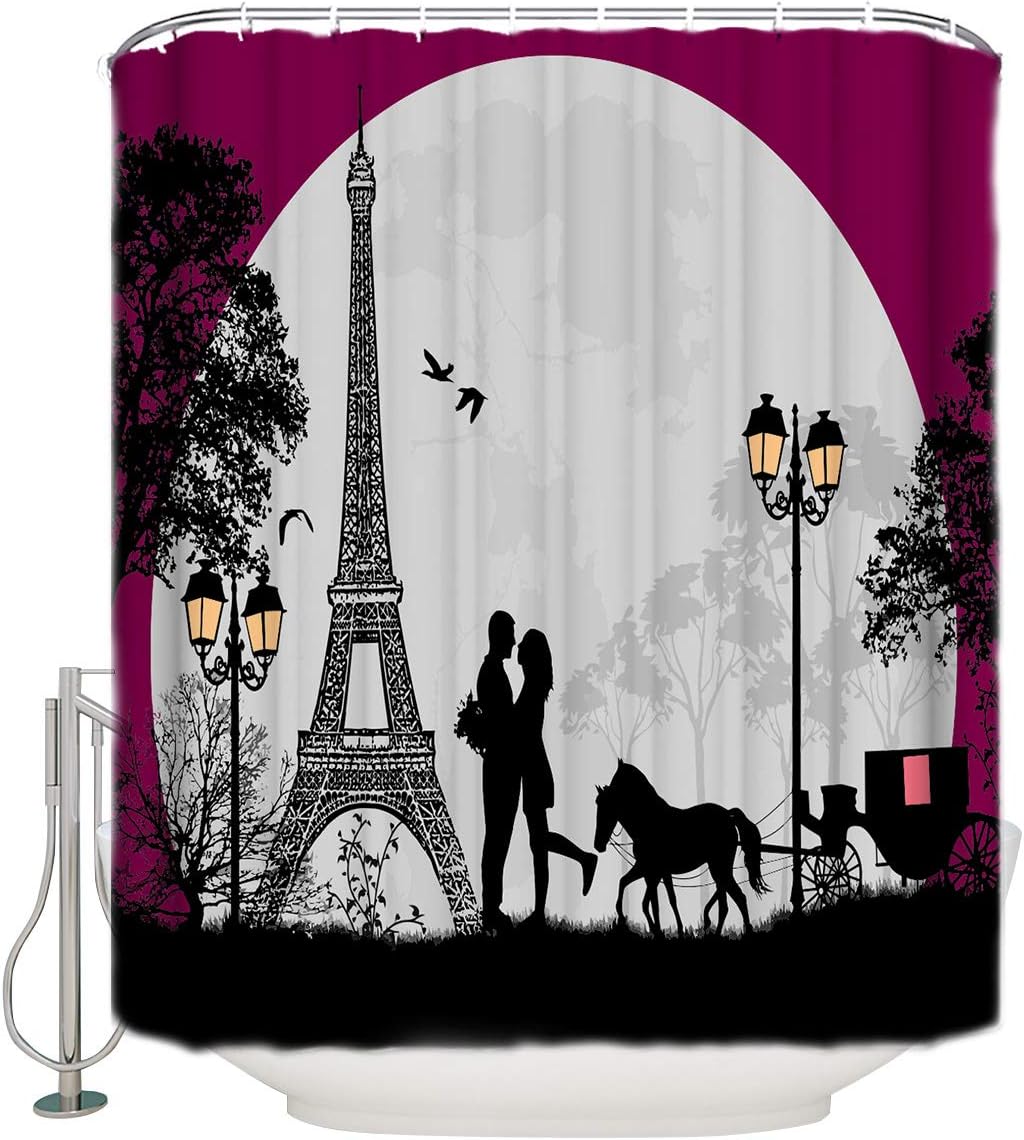 Romantic Lovers Carriage And Eiffel Tower Shower Curtain, Perfect Size For Your Bathroom Decor