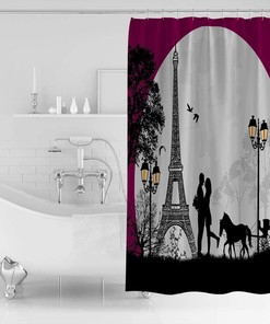 Romantic Lovers Carriage And Eiffel Tower Shower Curtain, Perfect Size For Your Bathroom Decor