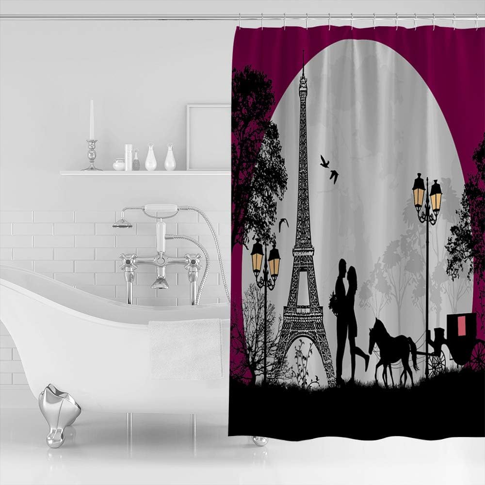Romantic Lovers Carriage And Eiffel Tower Shower Curtain, Perfect Size For Your Bathroom Decor