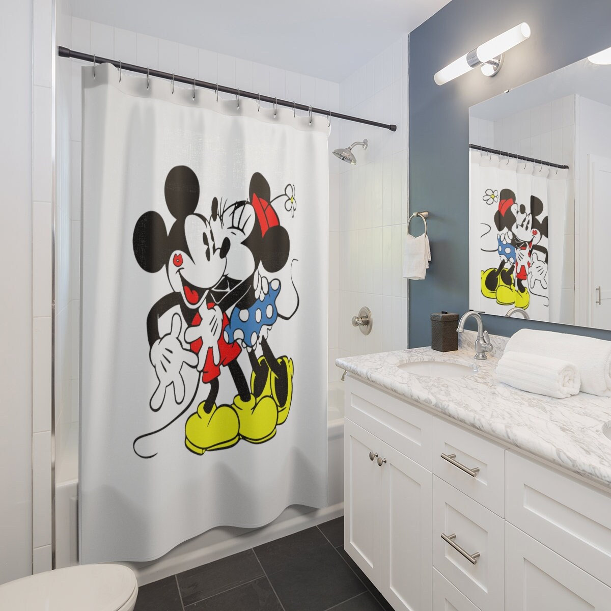 Romantic Mickey Minnie Kiss Shower Curtain For A Disney-Inspired Bathroom