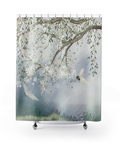 Romantic Misty Cherry Blossom Heron Landscape Chinoiserie Shower Curtain With Vintage Chinese Art Bathroom