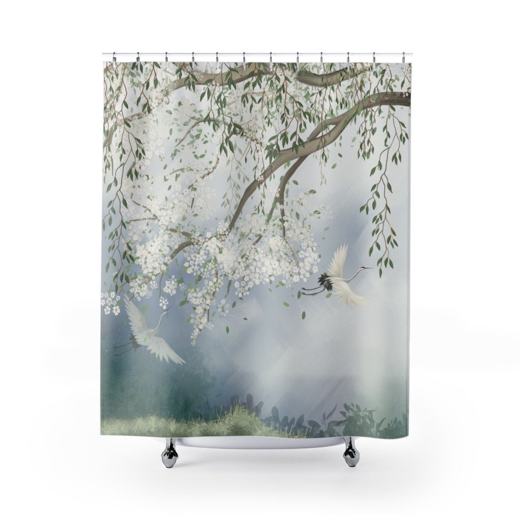 Romantic Misty Cherry Blossom Heron Landscape Chinoiserie Shower Curtain With Vintage Chinese Art Bathroom
