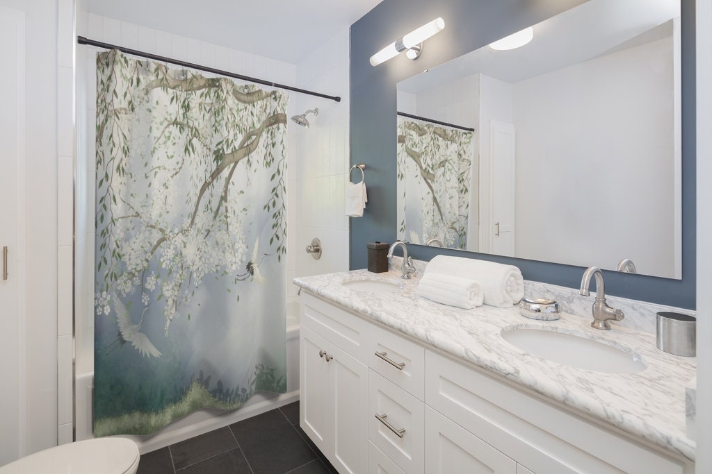 Romantic Misty Cherry Blossom Heron Landscape Chinoiserie Shower Curtain With Vintage Chinese Art Bathroom - Image 2
