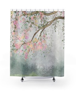 Romantic Misty Cherry Blossom Landscape Chinoiserie Shower Curtain With Vintage Chinese, And Elegant Design