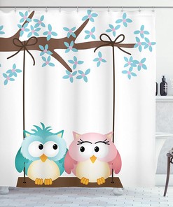 Romantic Owls In Love On A Swing Blossoming Tree Branch Shower Curtain - Cloth Fabric Bathroom Decors