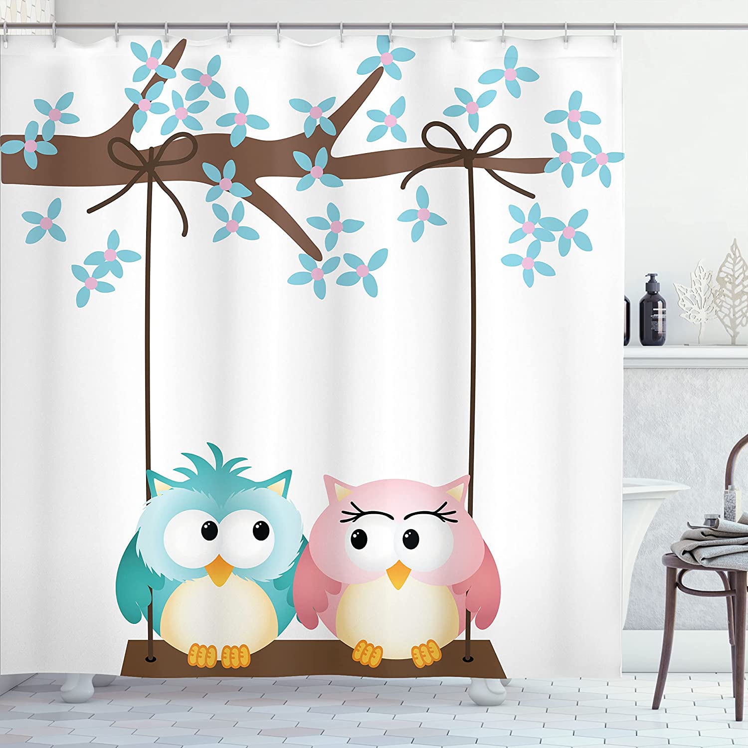 Romantic Owls In Love On A Swing Blossoming Tree Branch Shower Curtain - Cloth Fabric Bathroom Decors