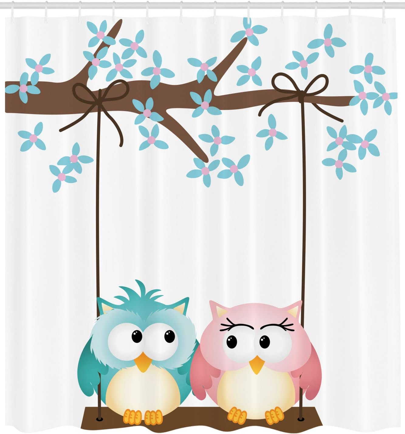 Romantic Owls In Love On A Swing Blossoming Tree Branch Shower Curtain - Cloth Fabric Bathroom Decors - Image 2