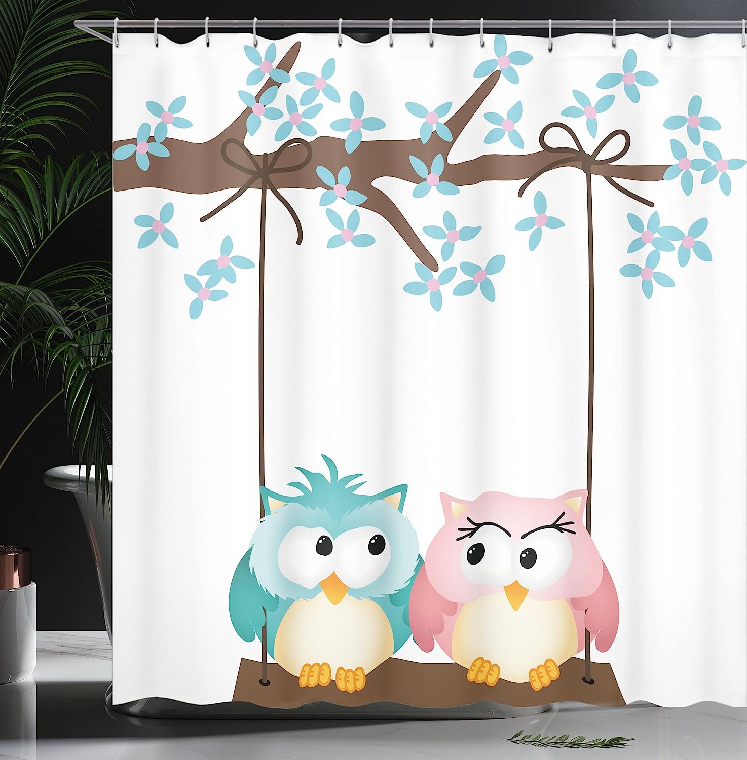 Romantic Owls In Love On A Swing Blossoming Tree Branch Shower Curtain - Cloth Fabric Bathroom Decors - Image 3
