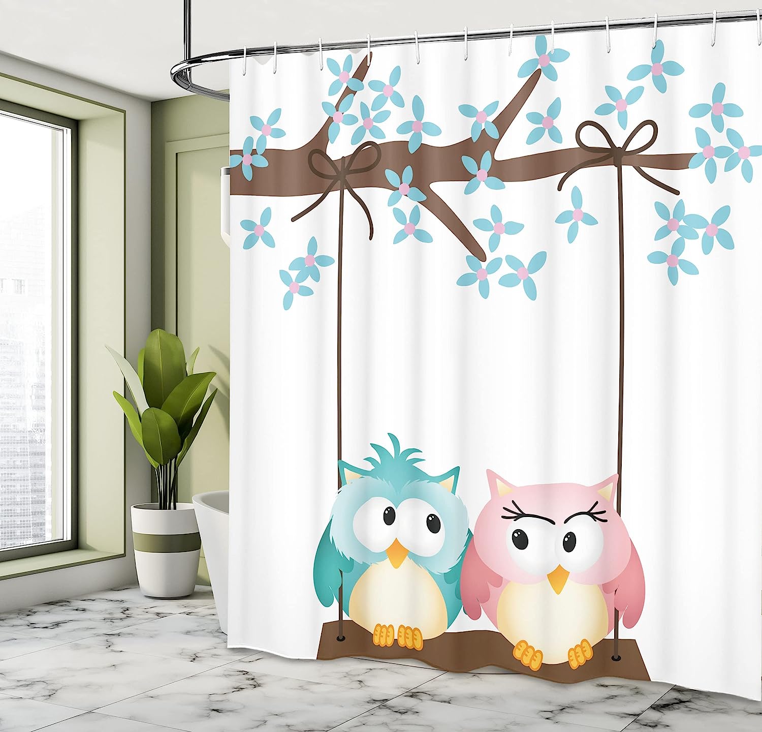 Romantic Owls In Love On A Swing Blossoming Tree Branch Shower Curtain - Cloth Fabric Bathroom Decors - Image 4