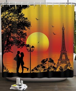 Romantic Paris Eiffel Tower Sunset Shower Curtain, Nature Landscape Print for Lovers Couple Bath Décor
