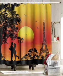 Romantic Paris Eiffel Tower Sunset Shower Curtain, Nature Landscape Print for Lovers Couple Bath Décor
