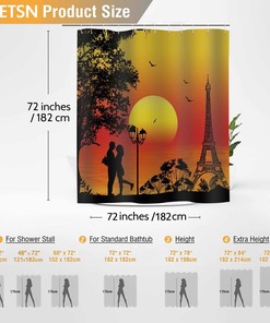 Romantic Paris Eiffel Tower Sunset Shower Curtain, Nature Landscape Print for Lovers Couple Bath Décor
