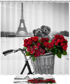 Romantic Paris Eiffel Tower with Bike and Rose Shower Curtain, Perfect for Couples' Bathroom 