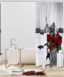 Romantic Paris Eiffel Tower with Bike and Rose Shower Curtain, Perfect for Couples' Bathroom