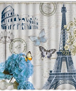 Romantic Paris Vintage Shower Curtain with Eiffel Tower and Floral Prints
