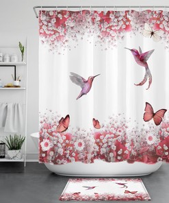 Romantic Pink Butterfly Flower Hummingbird Shower Curtain for a Feminine and Nostalgic Bathroom Decor