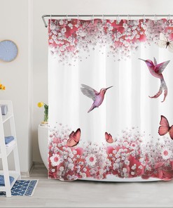 Romantic Pink Butterfly Flower Hummingbird Shower Curtain for a Feminine and Nostalgic Bathroom Decor