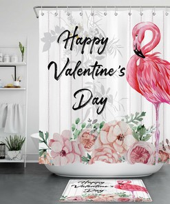 Romantic Pink Flamingo Flower and Leaves Shower Curtain for Valentine's Day