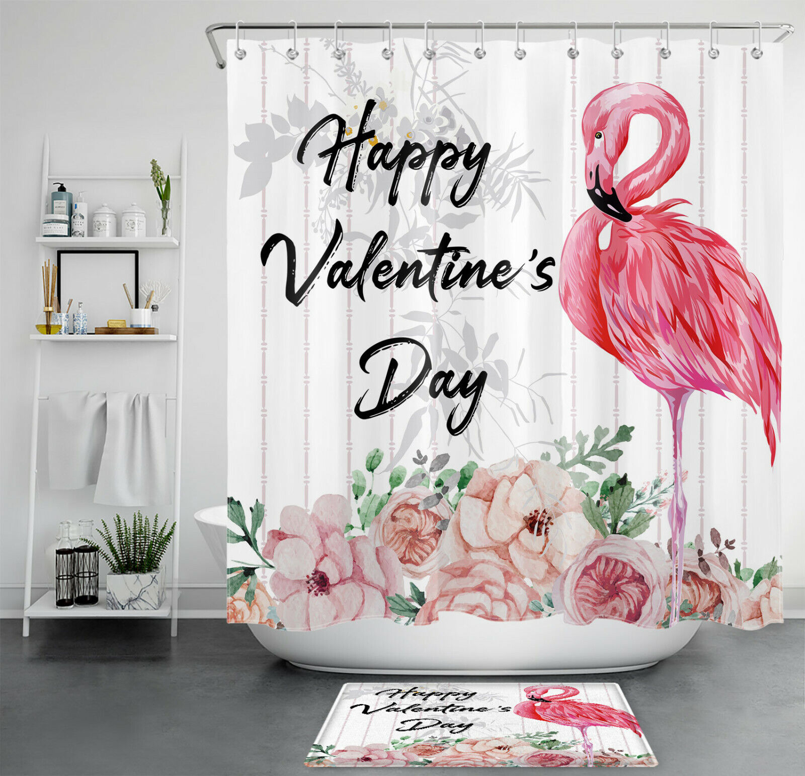 Romantic Pink Flamingo Flower and Leaves Shower Curtain for Valentine's Day