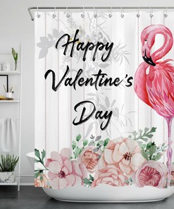 Romantic Pink Flamingo Flower and Leaves Shower Curtain for Valentine's Day