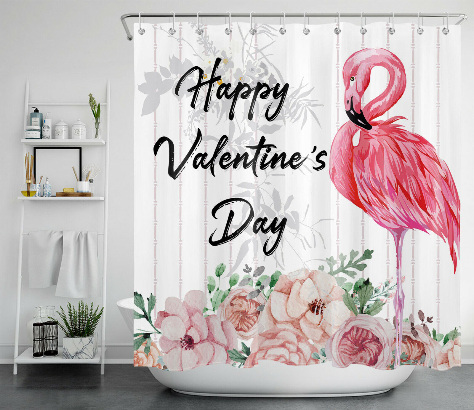 Romantic Pink Flamingo Flower and Leaves Shower Curtain for Valentine's Day
